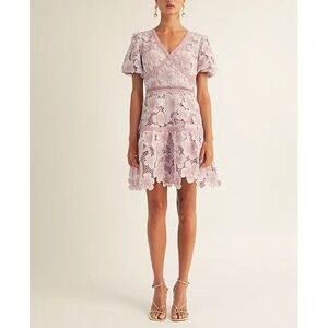 AROSE Studio Sarah Puff Sleeve Floral Lace Mini Dress Pink Gold Metallic Small